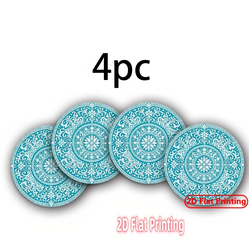 TEMU 4pcs Round Polyester Placemats Mandala Pattern Turquoise White 2d Flat Printing Table Mats For Home, Kitchen, Dining Room, Living Room, Hotel,