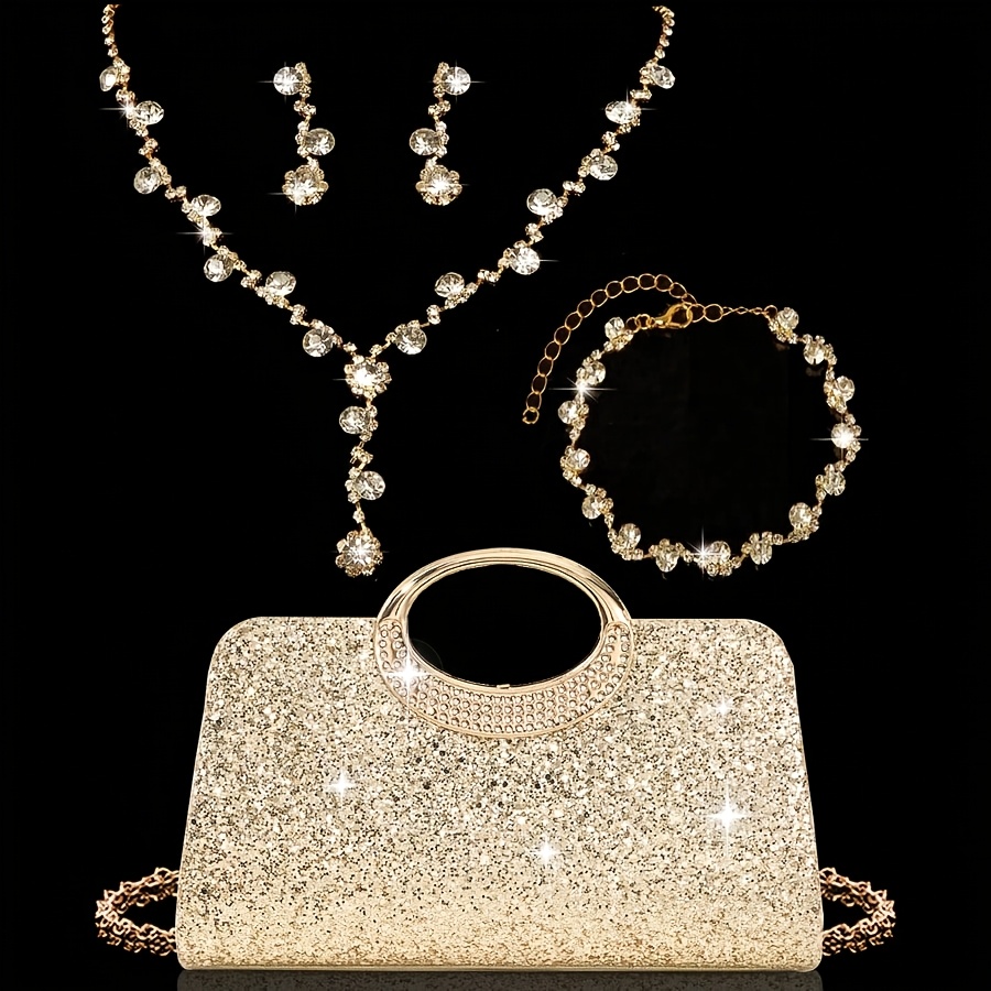 TEMU Elegant Women's Evening Bag 4pcs Set, Rhinestone Jewelry Set, Includes Rhinestone Pendant Necklace, Earrings, Bracelet, Sparkling New Rhinestone