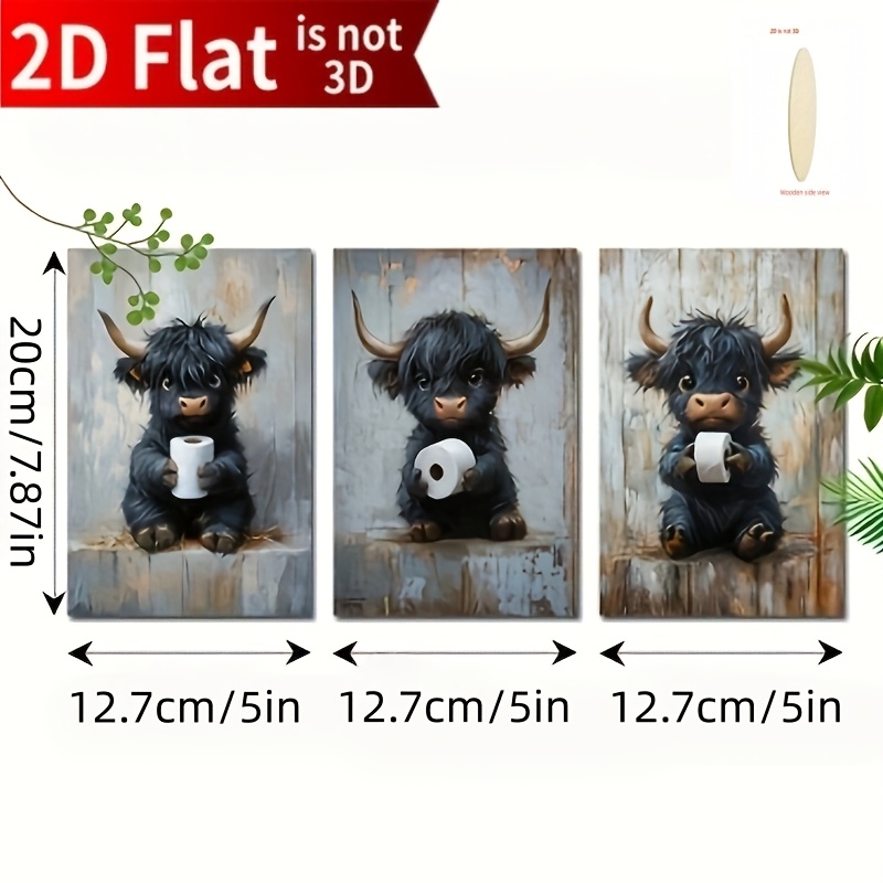 TEMU 2D Plat, 3-delige Set Fantasy Highland Koeien en Toiletpapier - Frameloze Highland Koeien Muurdecoratie, Geschikt voor Leuke Badkamers, Huis