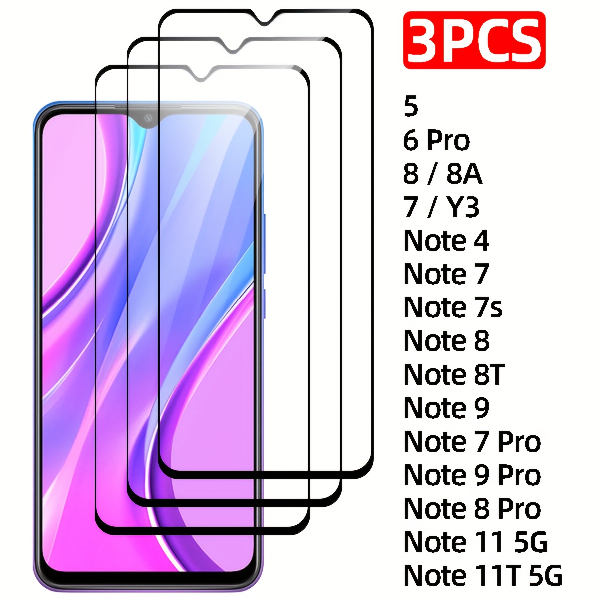 TEMU Protector de Pantalla de Vidrio Templado de , Cobertura Completa, Compatible con Redmi 5 / 6 Pro / 8 / 8A / 7 / Y3 / / Note 7 / Note 7S / Note 8