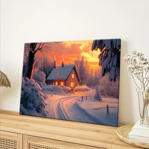 cozy snowy cabin wall art with wooden frame winter scene canvas decor for living room kitchen or office high quality framed canvas print on white artist canvas office wall art warm atmosphere art canvas canvas wall art