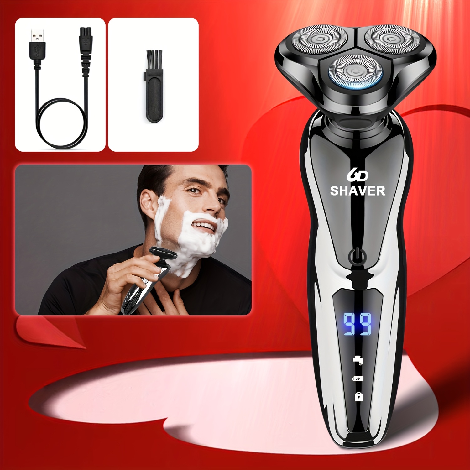 

Electric Shaver For Men - Rechargeable 6d Rotating Head With Led Display, Wet/dry, Quick Charging, Portable - Perfect Christmas Gift