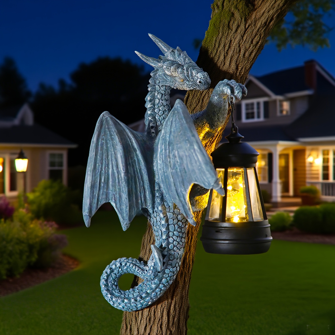 Image of Solar Hanging Dragon Lamp Outdoor Statue - Fantasy Resin Dragon Sculpture With Led Light, Suitable For Gardens, , And Home Decor - - Indoor/outdoor Use - Ideal For Festive Occasions