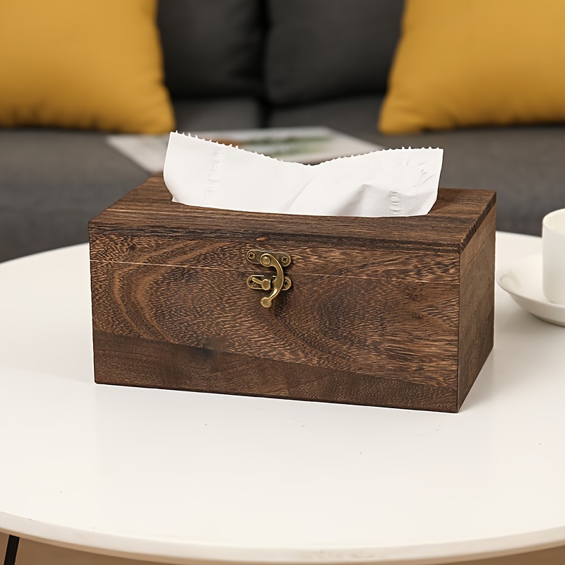 

1pc Vintage Wooden Tissue Box Holder - Rustic Burnt Tung Wood With Metal Clasp, Decor For Living Room Or Dining Table