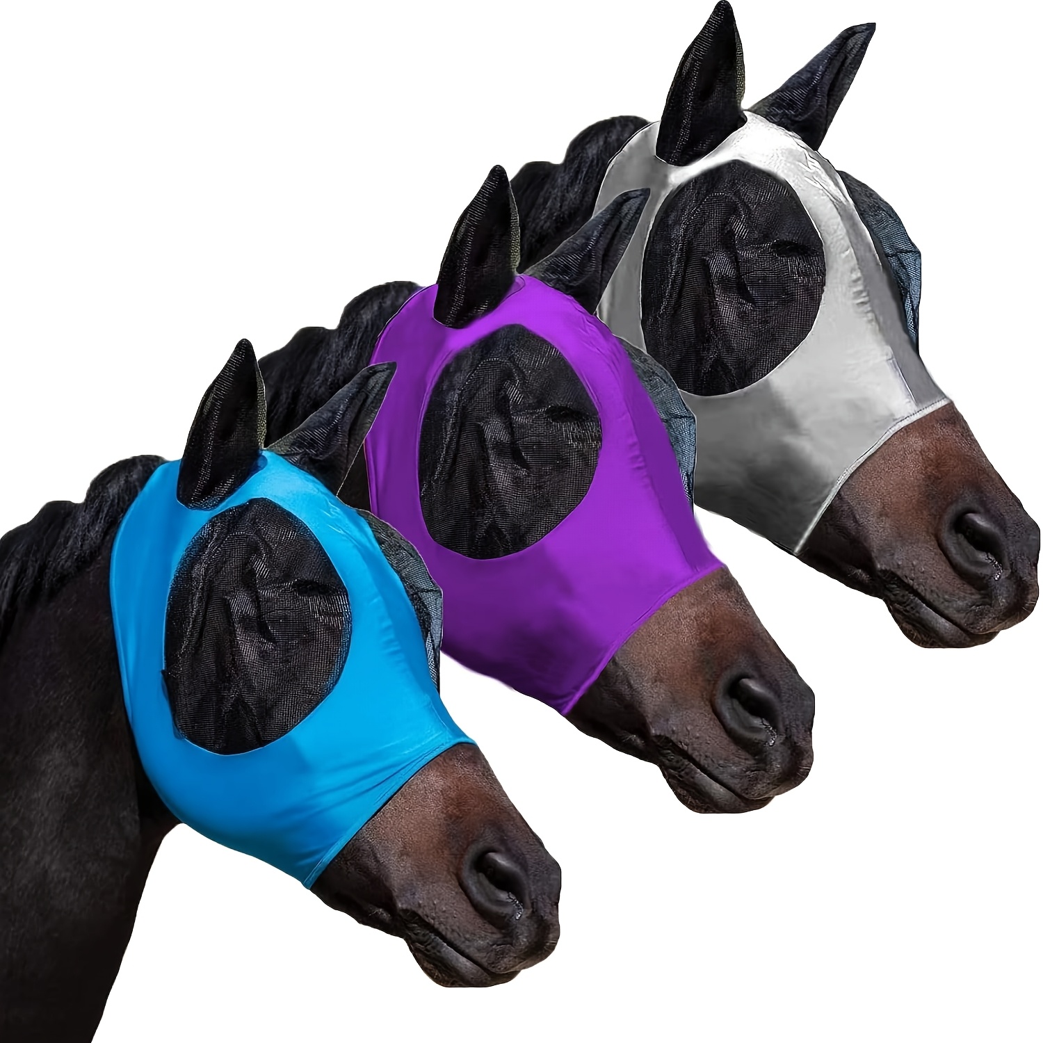 TEMU Fly Masks For Horses With Ears Set Of 3, Fit Stretchy Fabric With Uv Protection Soft On Skin For Size Horses