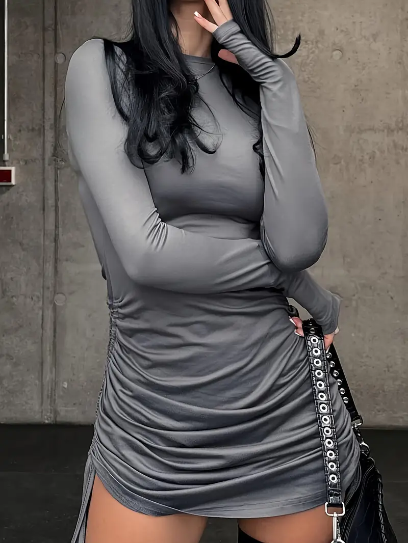 ruched drawstring dress long sleeve Ruched Drawstring Long Sleeve Bodycon Mini Dress