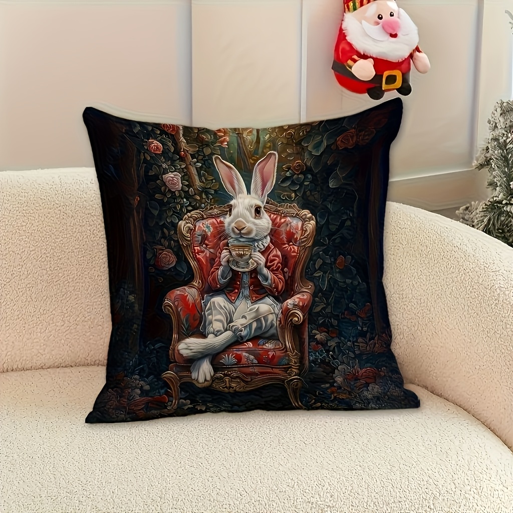 TEMU 2d Flat - 1pc Double-sided Printed Throw Pillow Covers Featuring A Vintage Rabbit Design, 2d Flat Printing, Suitable For Sofa, Bed, Themed Party