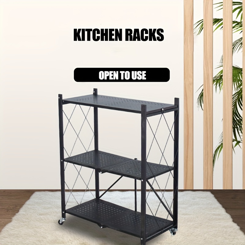 Folding Shelf Rack Kitchen and Bedroom Storage Metal Moving Rack