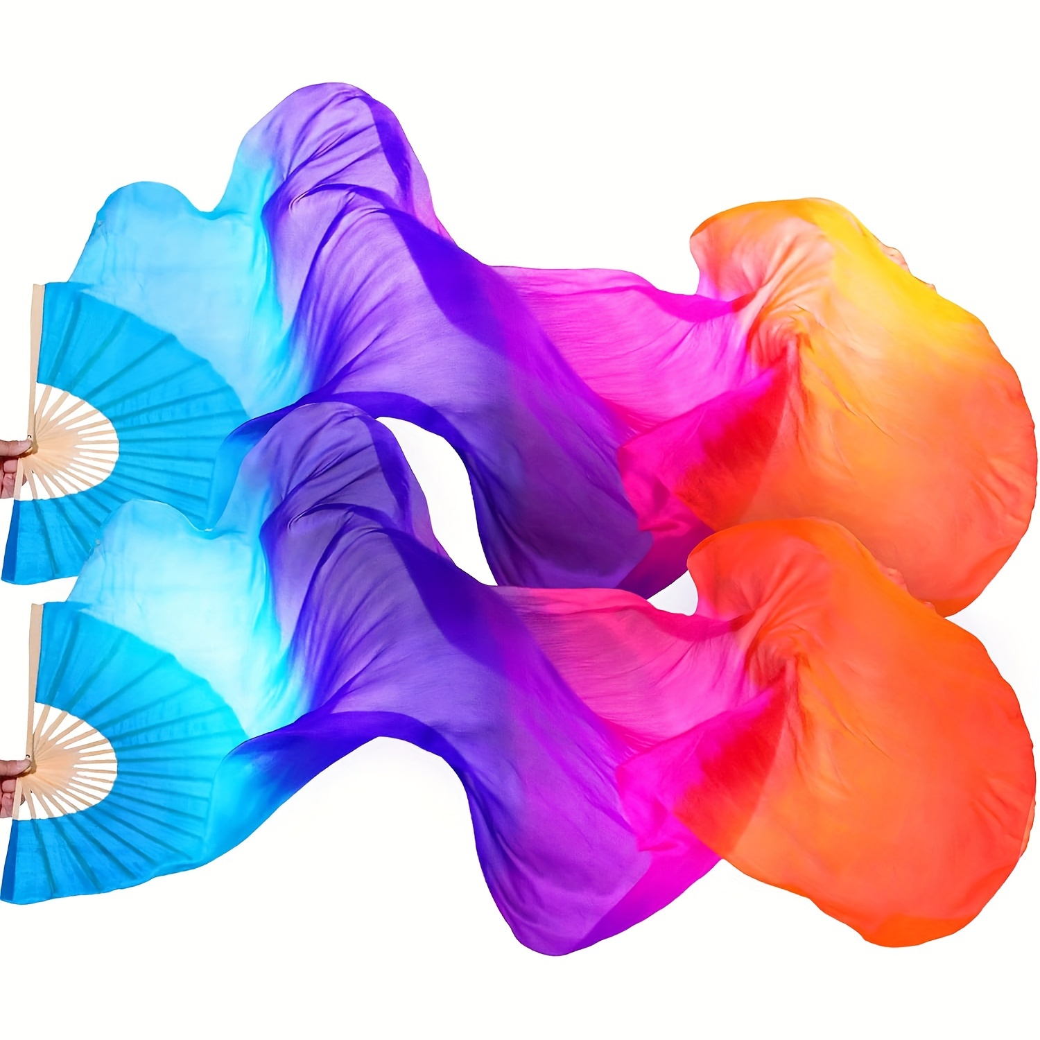 

2pcs (left + Right) 180cm Women Belly Dance Fan 70.9inches Veil Long Artificial Silk Fan National Dance Dancing Long Bamboo Fan