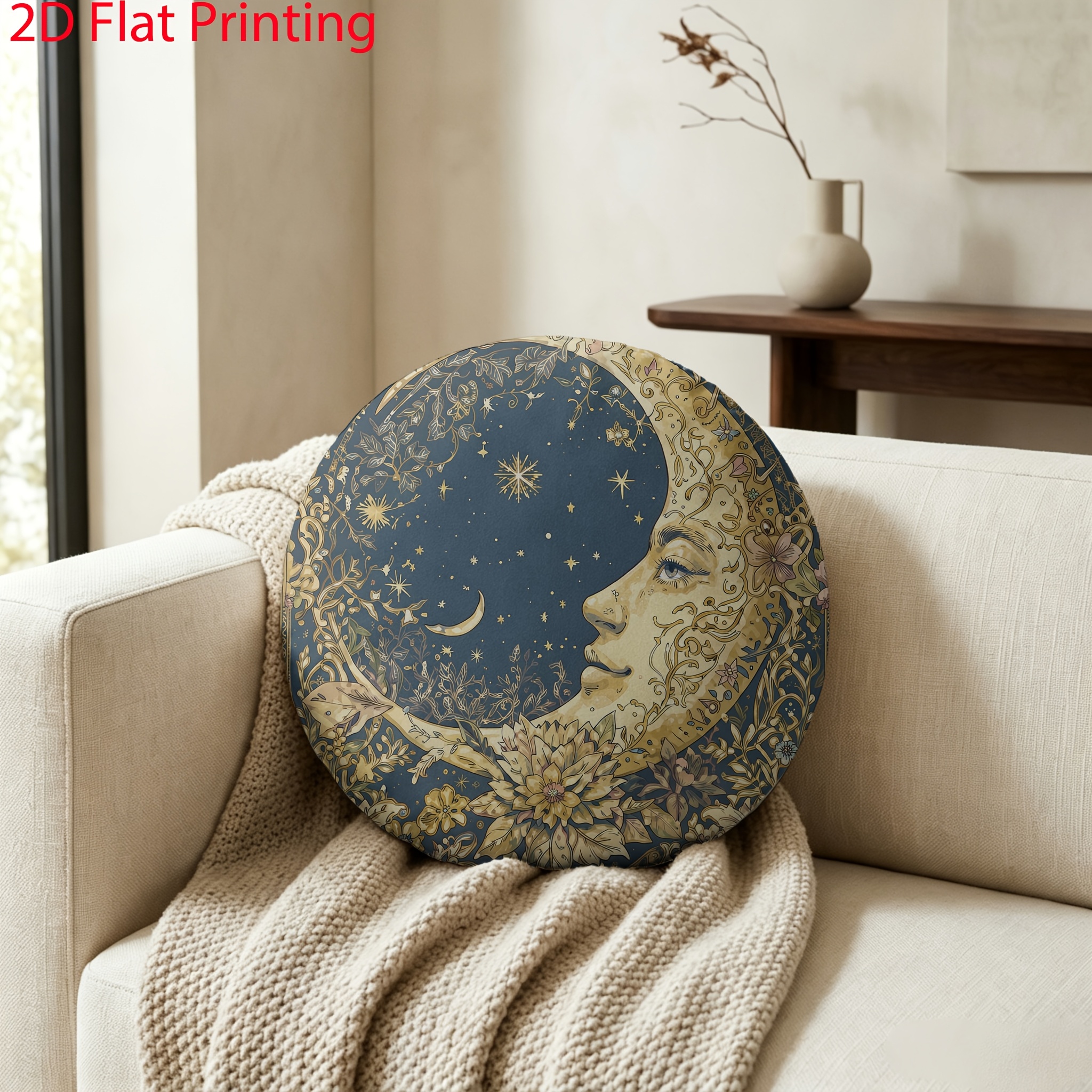 TEMU Vintage Celestial Moon Floral Round Throw Pillow, Elegant Bohemian Starry For Bedroom Sofa Living Room, Soft Stuffed Decorative Cushion For Home