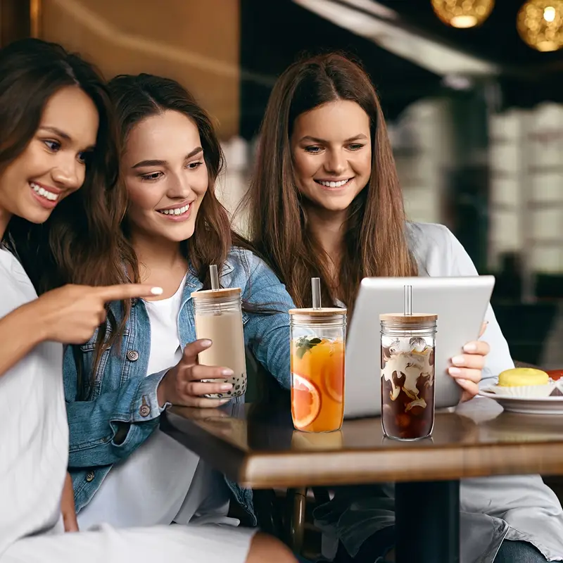 4pcs glass cup set with wooden lids straws bpa free reusable drinking jars for coffee tea and beverages ideal for outdoor parties gifts christmas essential cup accessories Product details 3