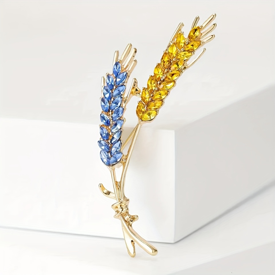 

1pc Elegant Wheat Brooch Pin, Fashionable Zinc Alloy Scarf Clip, 14k Golden Plated, With Blue And Yellow Glass, For Women, Over 15 Years Old