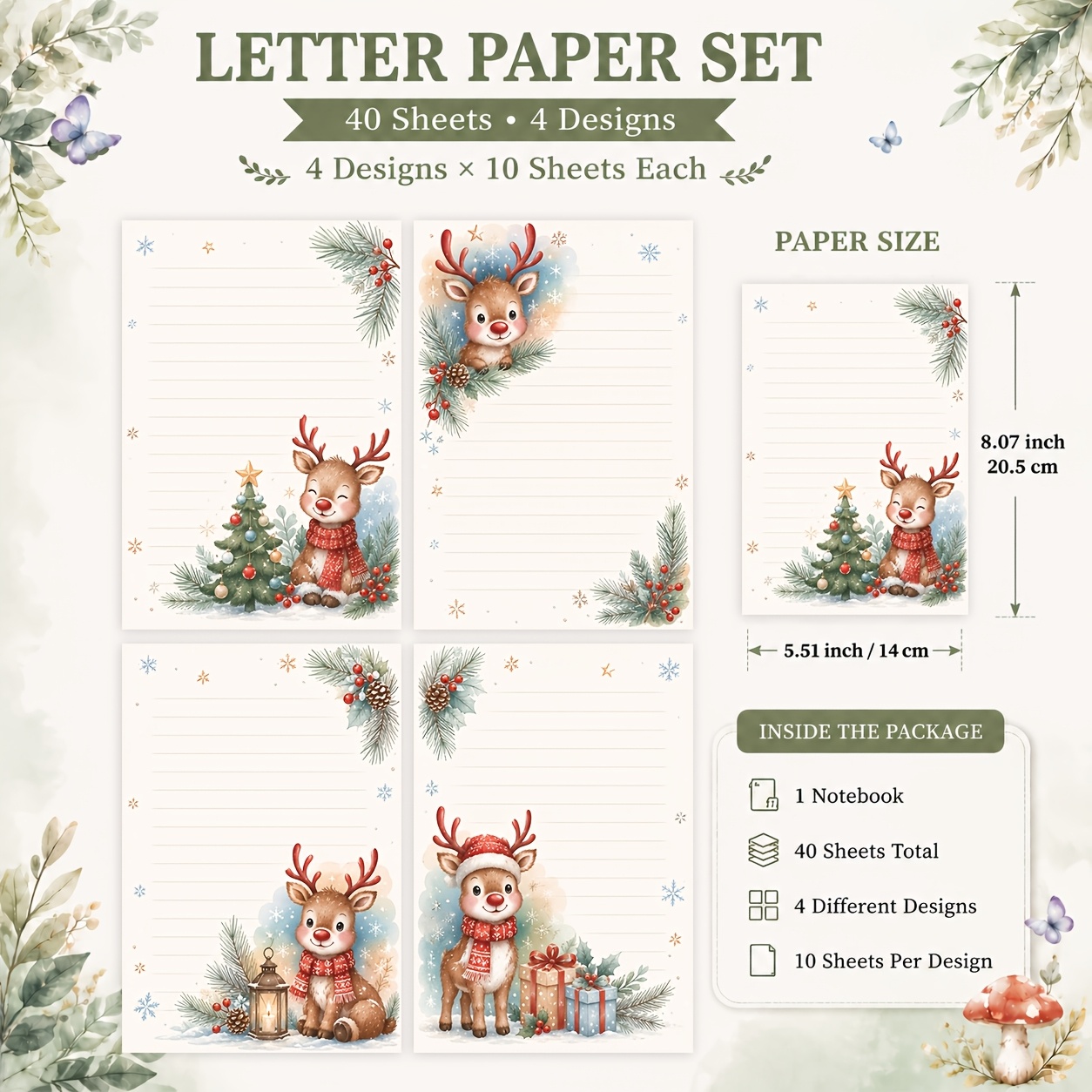 TEMU 40 Sheets Reindeer Character Letter Paper Set, 4 Assorted Reindeer And Snowflake Motif Designs, Watercolor Style, 10 Sheets Each, Friendship