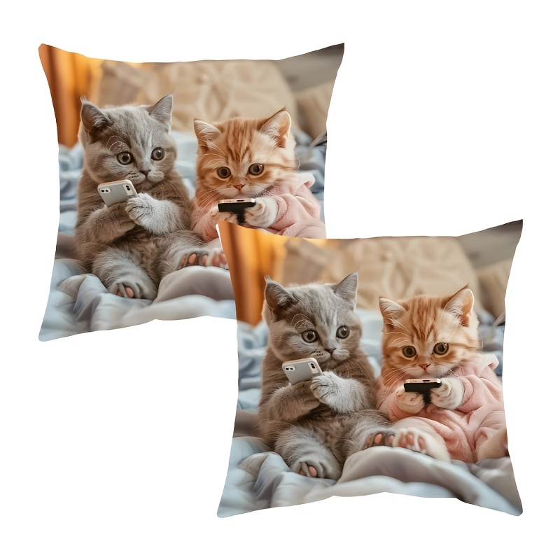 

2- Cat Pillowcases, 17.7"x17.7" Theme Cushion , Washable, For - Excludes