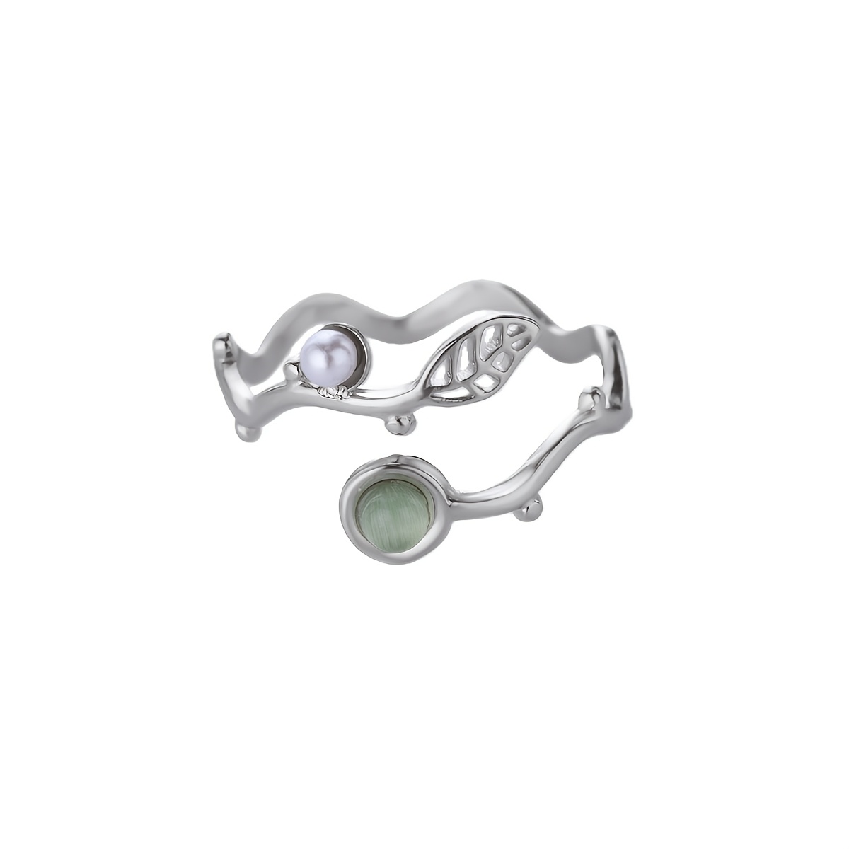 TEMU Anillo abierto de acero inoxidable con hoja de perlas sintéticas, joyería bohemio fácil y elegante, adecuado para uso diario, regalos de