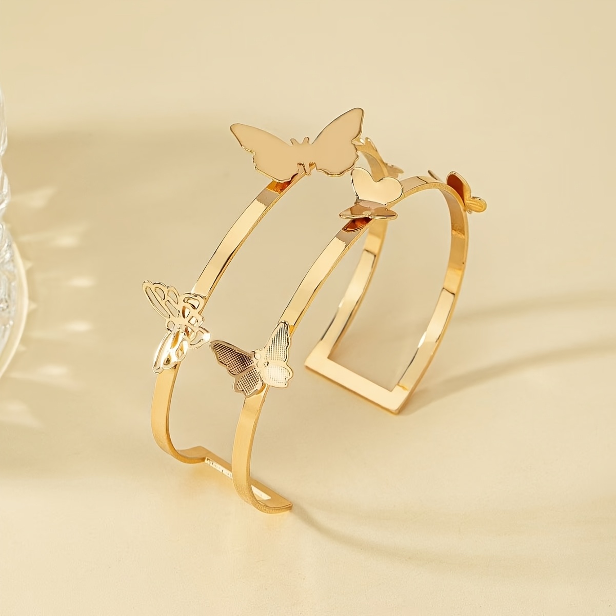 Y2K Style Open Bangle Bracelet with Golden Tone Butterfly Charms