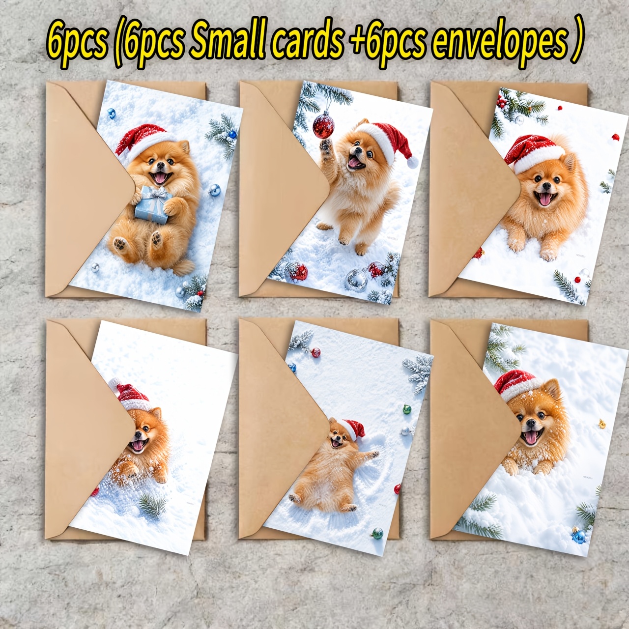 TEMU 6pcs Greeting Card Set With 6 Cards And 6 Envelopes, Newzeli Design, Pomeranian Themed, Featuring Christmas Tree, Snowflake, And Ornament