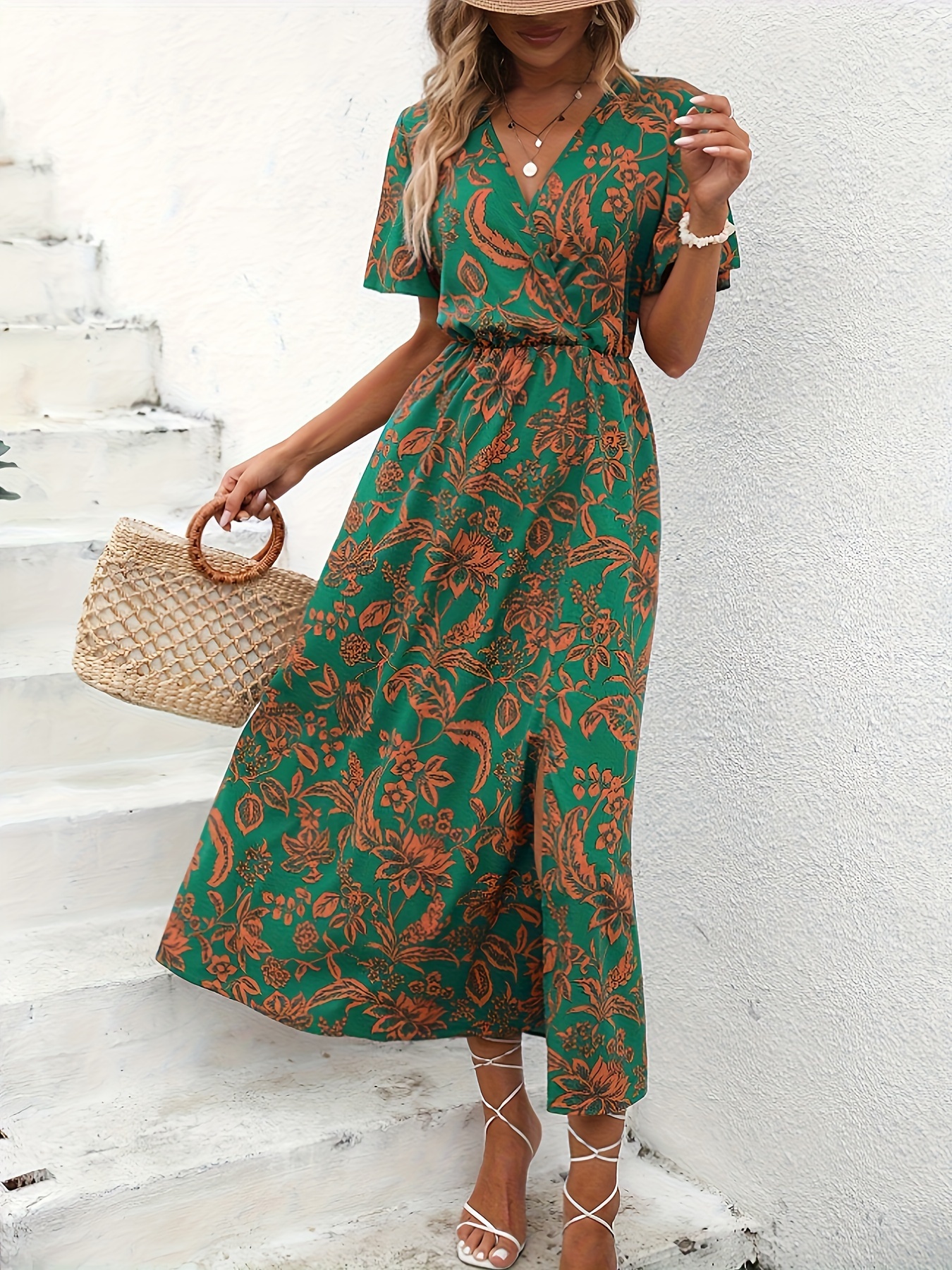 Floral Print V Neck Aline Dress Elegant Flutter Sleeve Split Temu