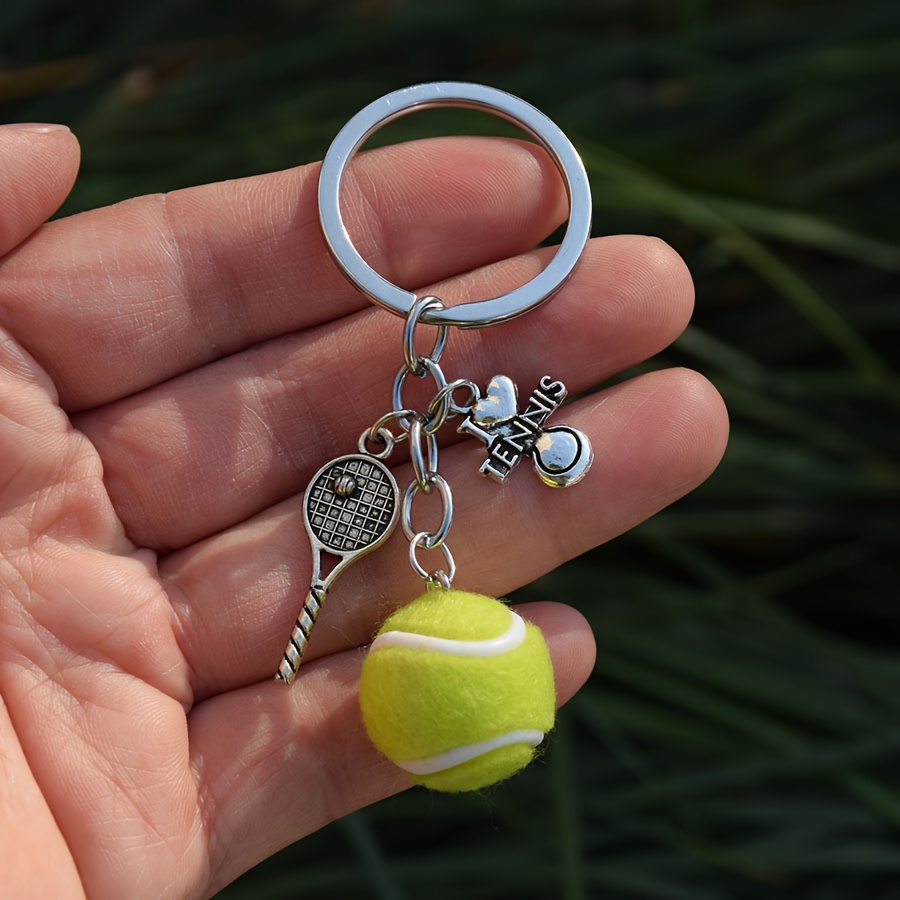 

Tennis Enthusiast Keychain, Fashionable Zinc Alloy, 4-link Chain, Sports Lover Key Ring, Tennis Ball & Racket Charms, Key Holder Accessory