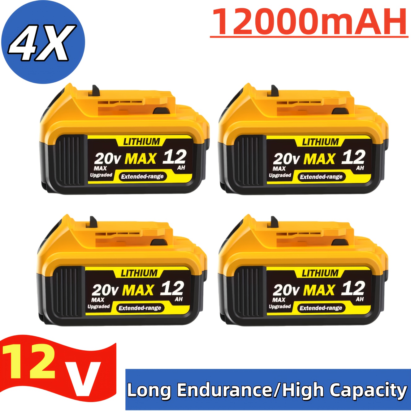 TEMU Set Of 4 Replacement Lithium Batteries, 20v 12ah, Suitable For Models Including Dcb180, Dcb206, Dcb206-2, Dcb200, Dcb204, Dcb204bt-2, Dcb203,