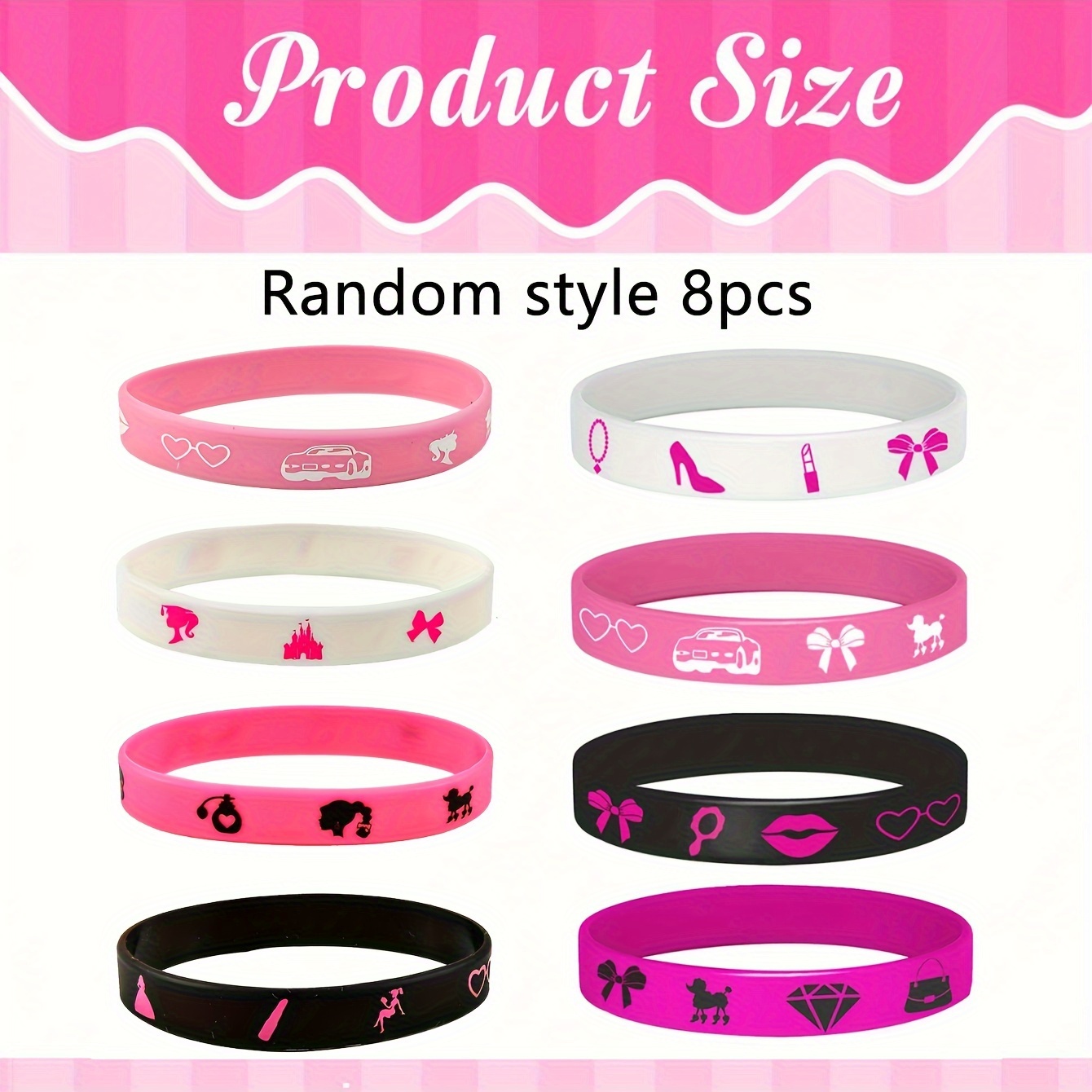 Image of Gift For Her/him 8pcs-random Style Hot Supplies Pink Lady Bracelets Pink Silicone Wristbands Pink Bracelets Silicone Stretch Wristbands For Pink Birthday Party Decorations Halloween Decorations