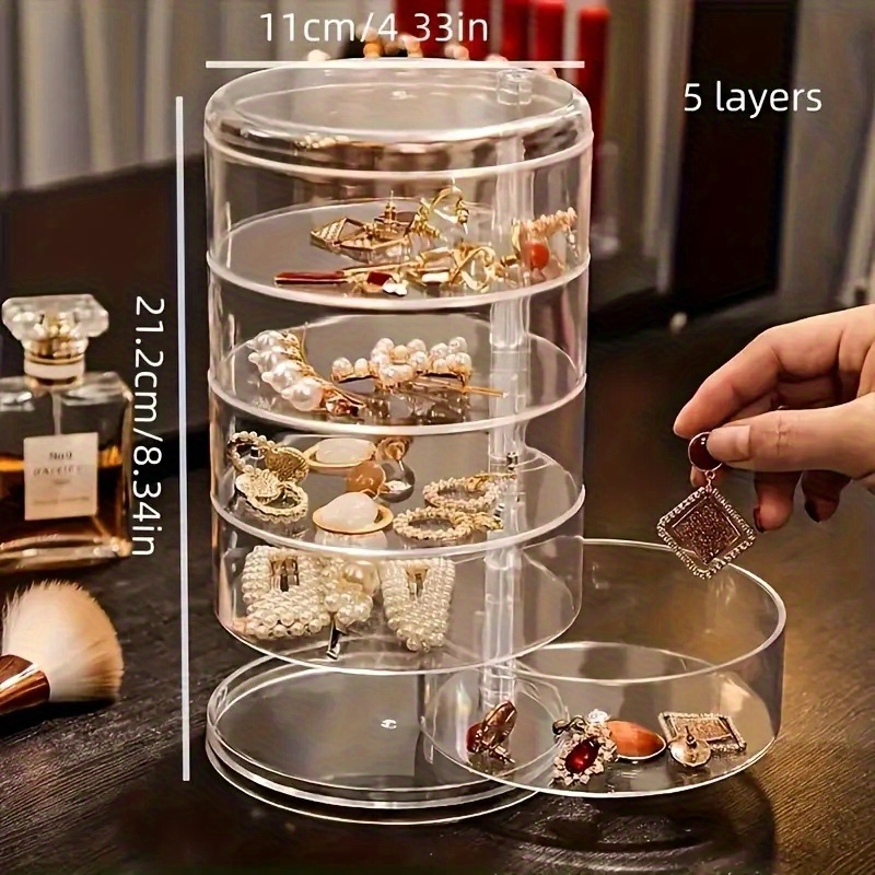1pc 5-layer Jewelry Box, Transparent Rotating Earring Bracelet Hair Accessory Storage Box With Lid, Dustproof Organizer, Multi-functional Desktop Storage Box, Jewelry Boxes