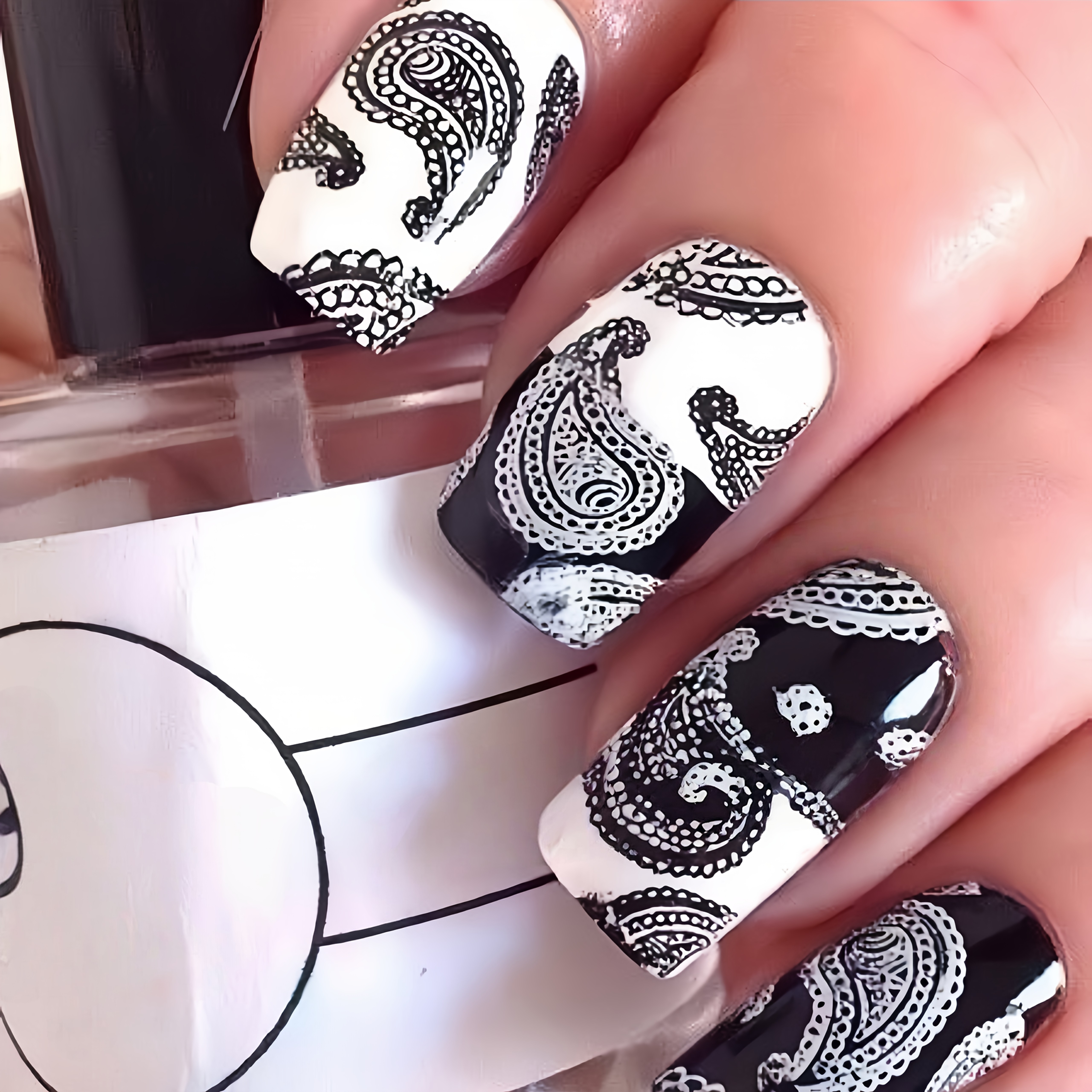 24pcs Nail Set, Black And White Paisley Pistachio Vintage Style, Glossy Detachable Press-on Nails For Daily Wear, Apparel Decoration, Decorative Press-on Nails