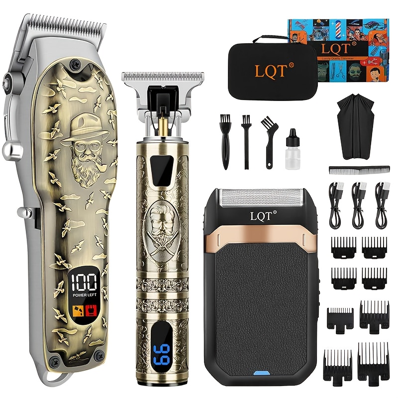 TEMU Lqt 3pcs Men's Electric Haircut & Grooming System - Cordless Hair Clipper, Shaver & Trimmer With Usb Rechargeable, Brush & Care Accessories