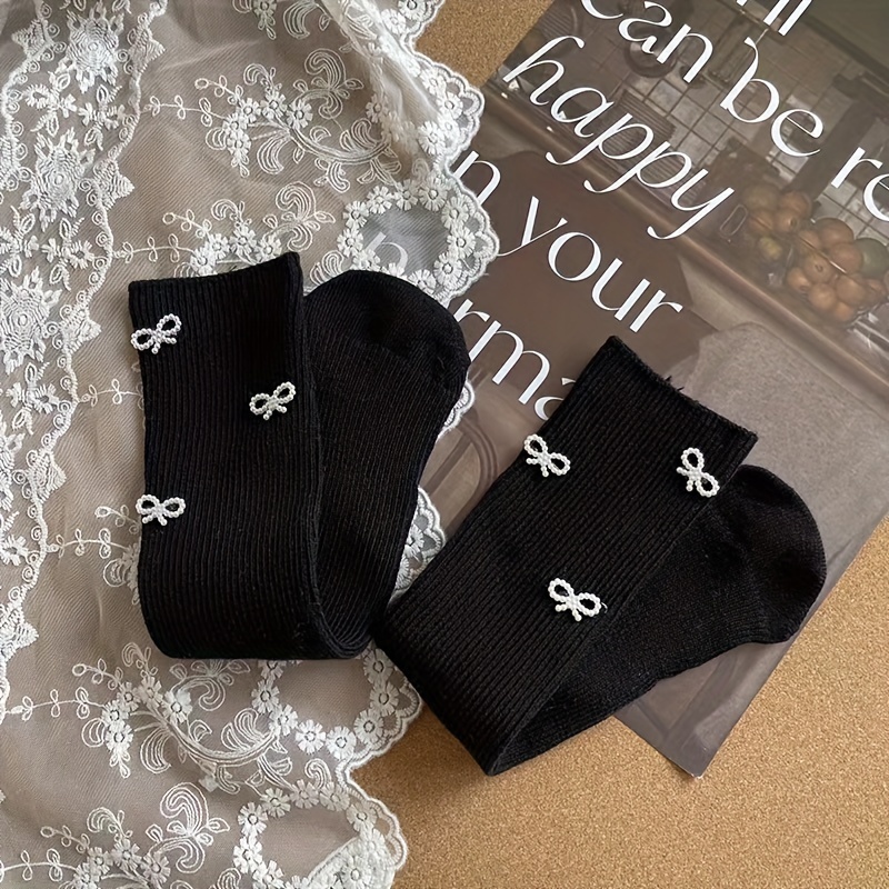 Image of Girl's Socks With Cute Beads And Small Bows, Baby Mid-calf Socks, Knee-high Socks, And Calf Socks