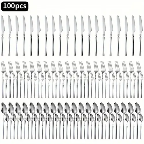 a set of 100 stainless steel utensils including dinner knives spoons forks dessert spoons and dessert forks suitable for home kitchen restaurant parties christmas and weddings