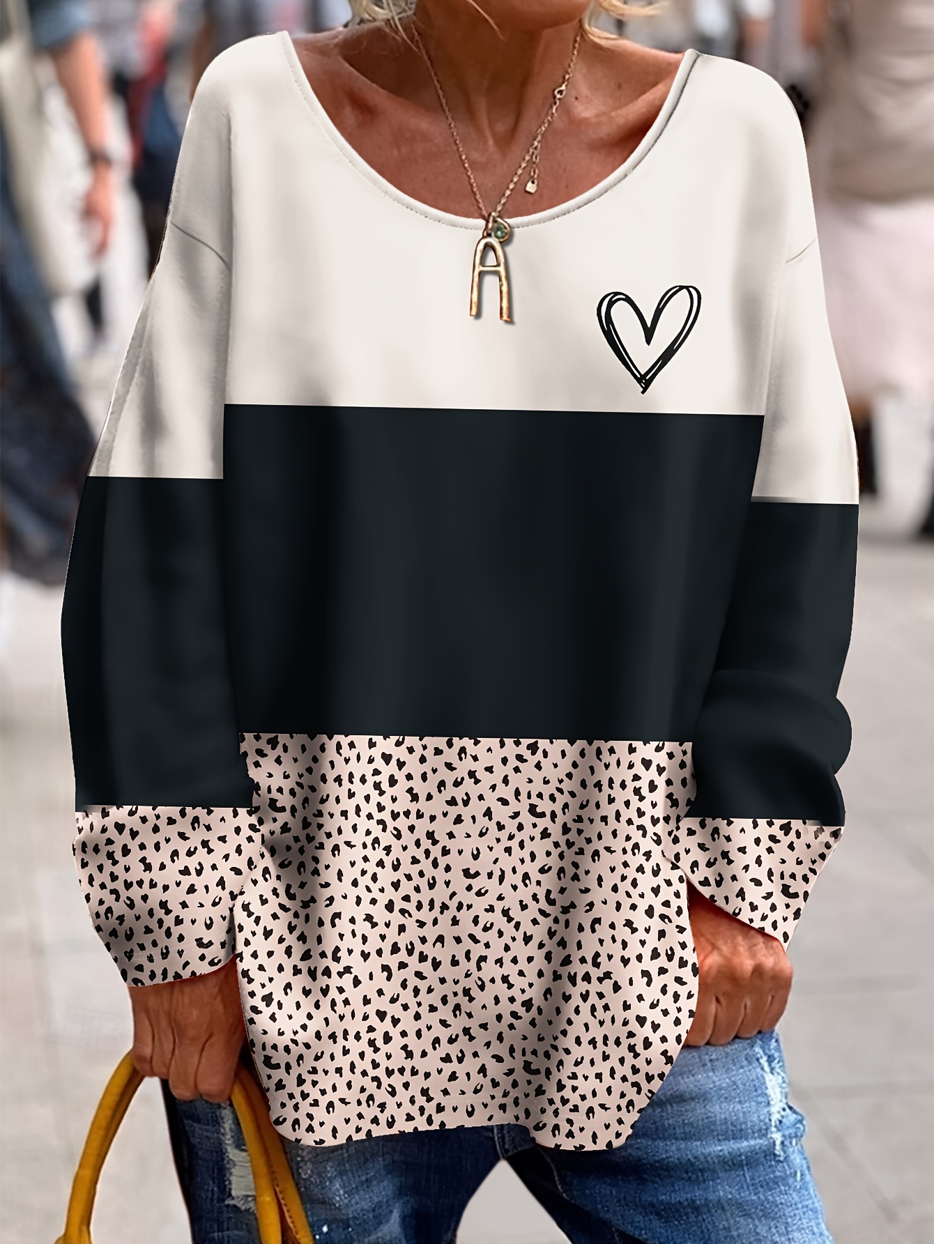 plus size plus size printed design not textured directional   size easy contrast   small heart pattern print bohemian casual elegant comfortable womens round neck long sleeve t shirt additions not included
