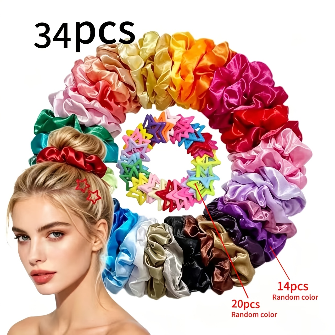 TEMU Set da 34 pezzi di elastici per capelli scricciolanti in raso confortevoli qualit� e fermagli a stella a colori casuali, per , bassa, accessori