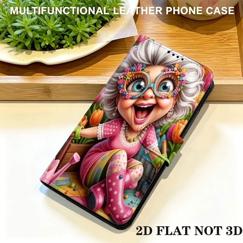 TEMU Phone Case: 2d Floral Elderly Lady Pattern Synthetic Leather Wallet Phone Case - Suitable For Iphone 6, 7, 8, 9, 11, 13, 14, 15, Se2, Se3, Se
