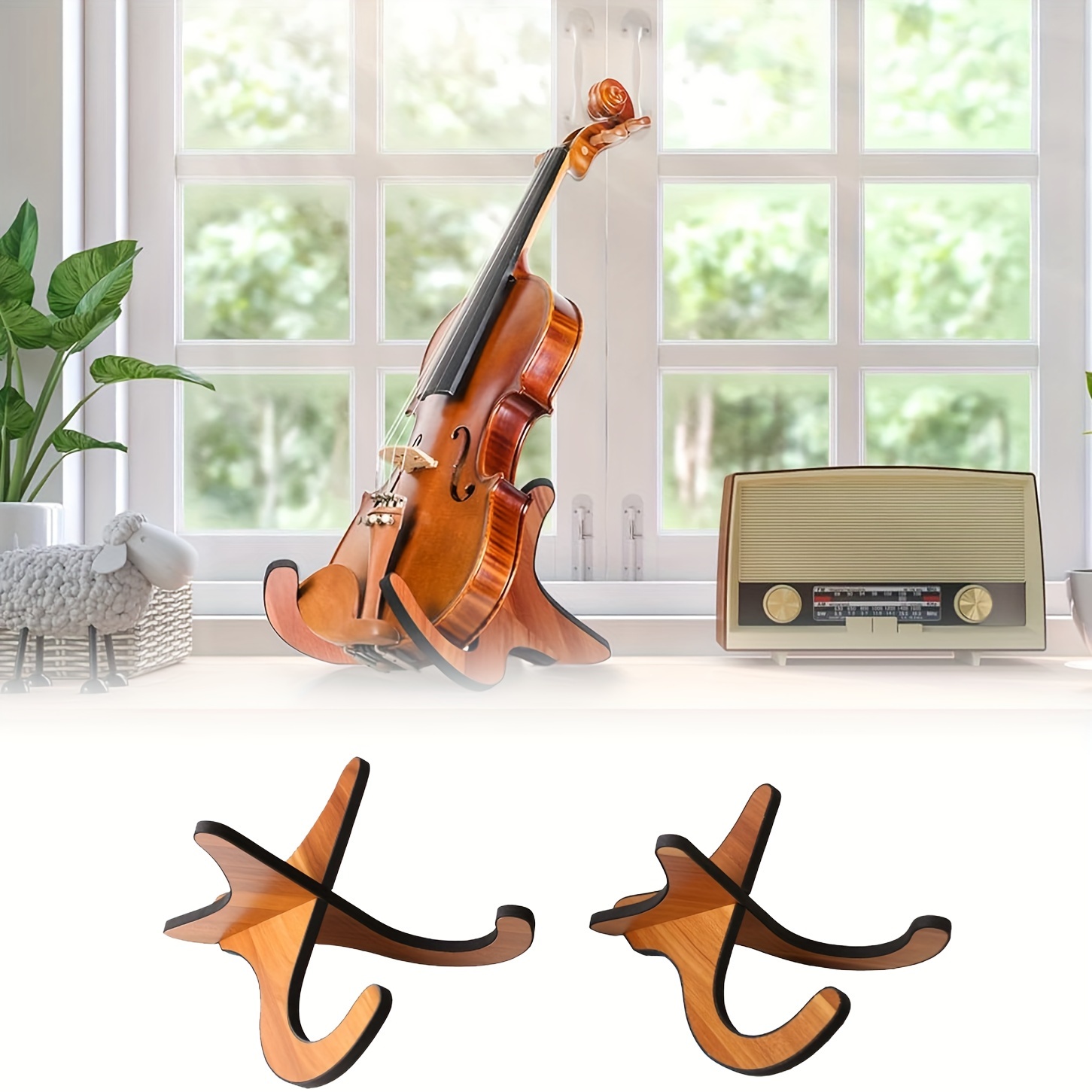 

Guitar, Ukulele, Violin Stand - Portable And Foldable Instrument Holder With Varnished Light Brown Board For Acoustic And Electric Guitars, Bass, Mandolin - Bracket Shelf Music Stand