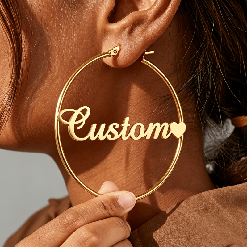 TEMU Custom Minimalist Name With Heart 7cm Hoop Earrings, Stainless Steel Fashion Nameplate Large Hoop Earrings, Suitable For Women's Jewelry, Gift