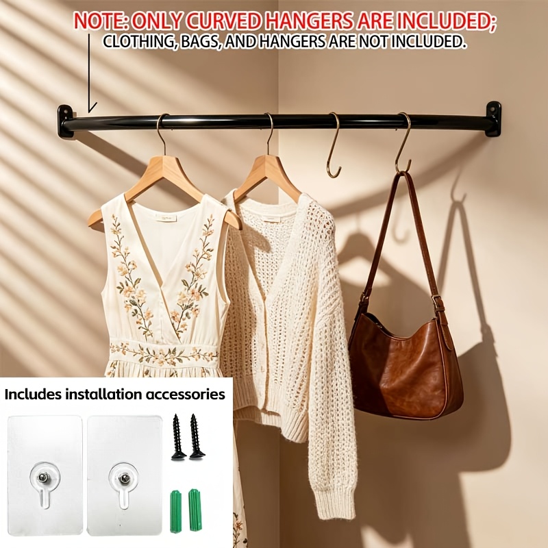 TEMU (includes 6pcs Installation Additions) No-drill, Black Corner Hanger Rod | Arc-shaped Wall Corner Storage Rack | Multifunctional Hanger For