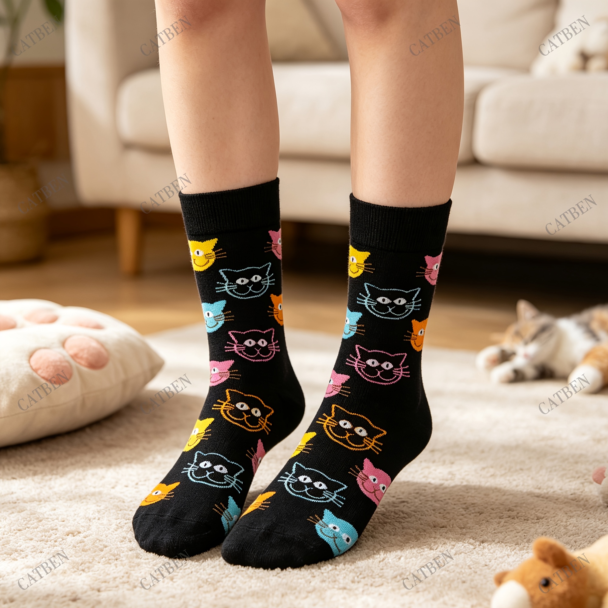 TEMU 1 Pair Unisex Cat Face Print - Colorful Stretchy Comfortable Suitable For , Cute Cartoon Cat-themed Socks For Home, Travel, Daily Wear, Machine
