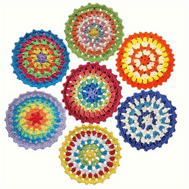 7pcs handmade crochet rainbow round table mats multicolor crochet coasters for wedding new year bridal shower birthday polyester photobooth props for christmas halloween easter hanukkah thanksgiving events