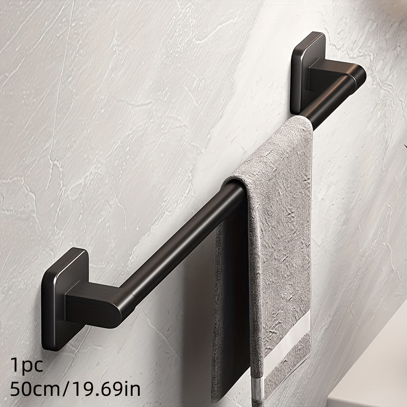 Image of 1pc Modern Black Metal Self-adhesive Towel Bar Rack, No Drill Wall Mounted, With Hand Towel Hook, For Bathroom And Kitchen Towel Storage