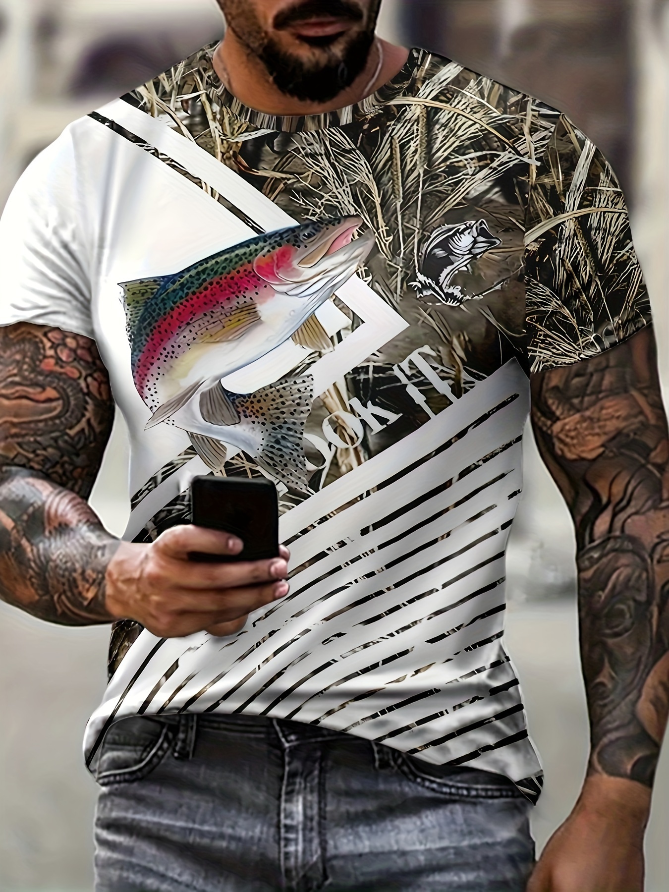 Fishing Pattern 3D Print T-shirt, Men's Casual Street Style Stretch Round  Neck Tee Shirt For Summer