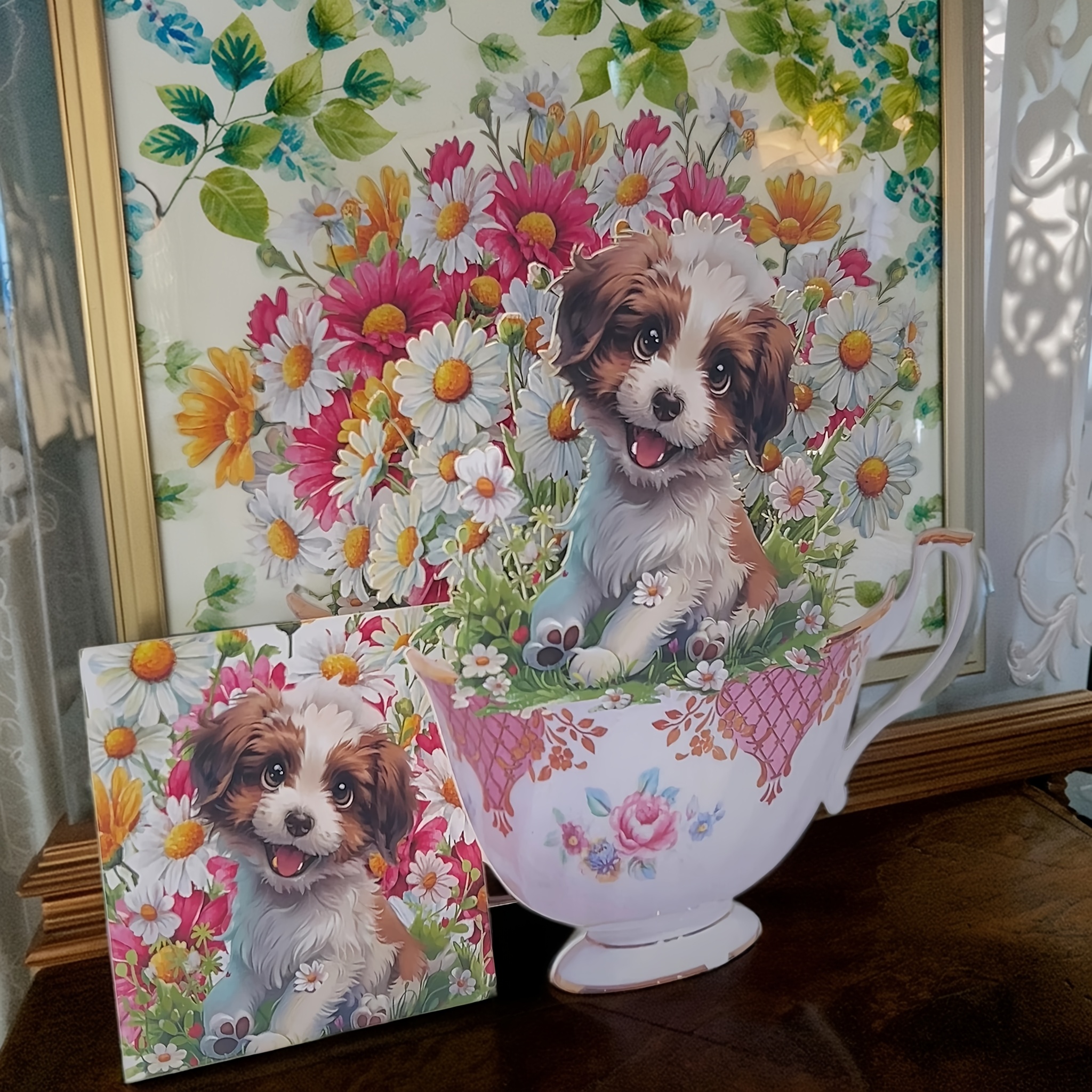 Image of 1pc Pop-up Greeting Card With Envelope - Adorable Teacup & Puppy Design, Floral & Daisy Decor, Multi-occasion Use For Mother’s Day, Valentine’s, Birthdays, Weddings - Gift For Dog Lovers, Home Decor