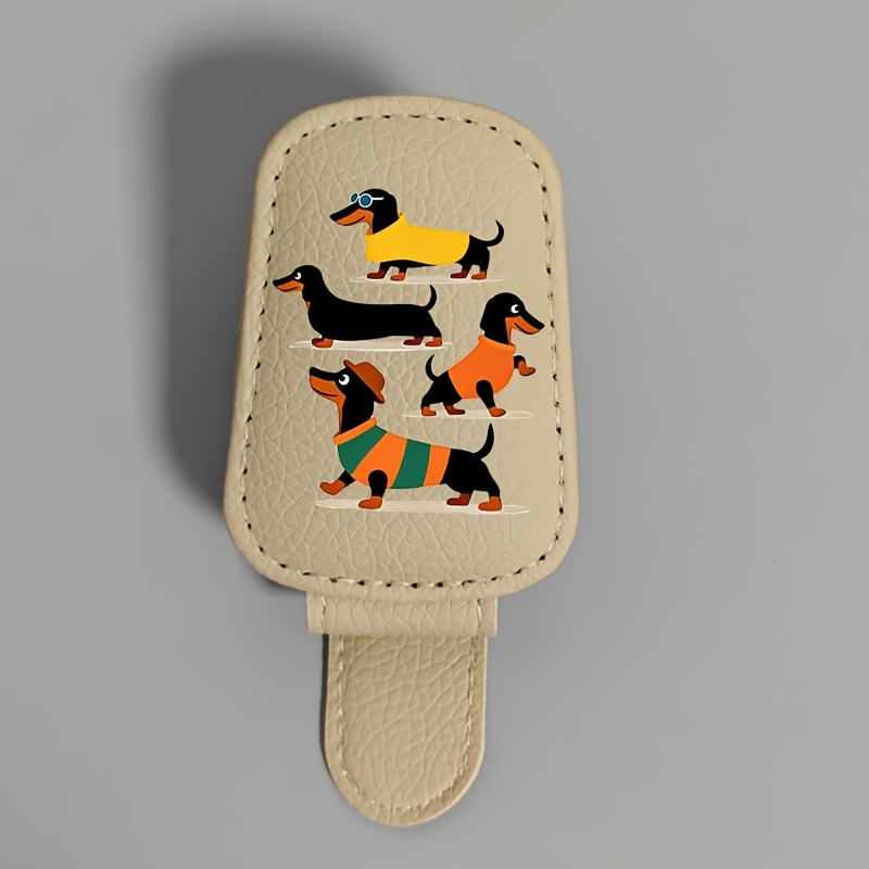TEMU Cute Dachshund Design Car Sun Visor Glasses Holder - Pu Material, Suitable For Storing Cards, Car Interior Glasses Storage, Organizing Goodies, Fun Decor
