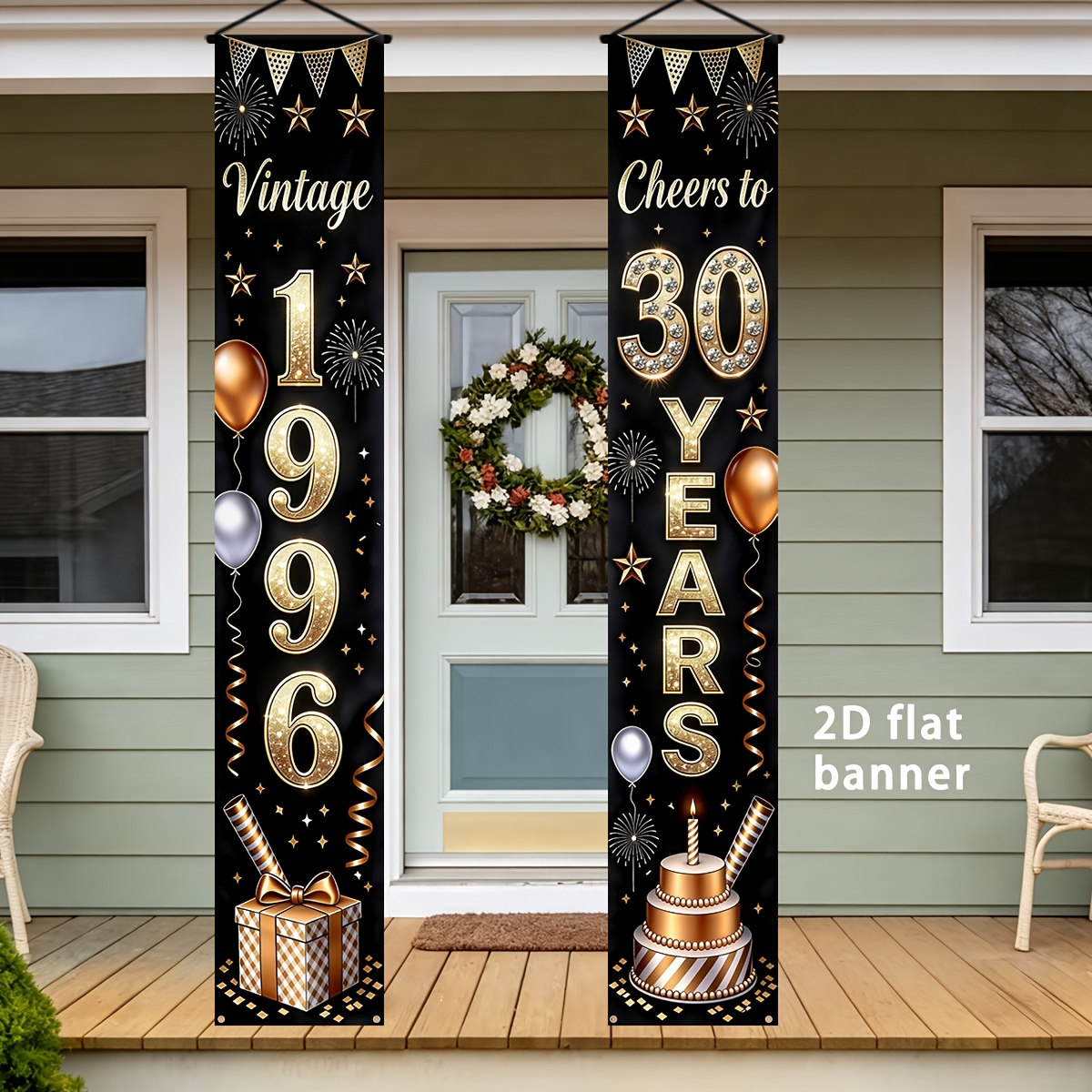TEMU 2d Flat, 2pcs 30th Birthday Banner Suitable For 30 Years Party Decorations - Vintage 1996 & Happy 30th Banners With Golden Lettering, Hanging