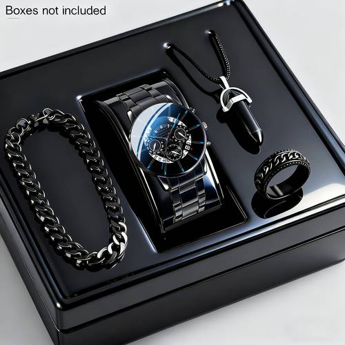 4pcs mens elegant fashion steel strap watch necklace bracelet and ring set for him on fathers day birthdays and anniversaries