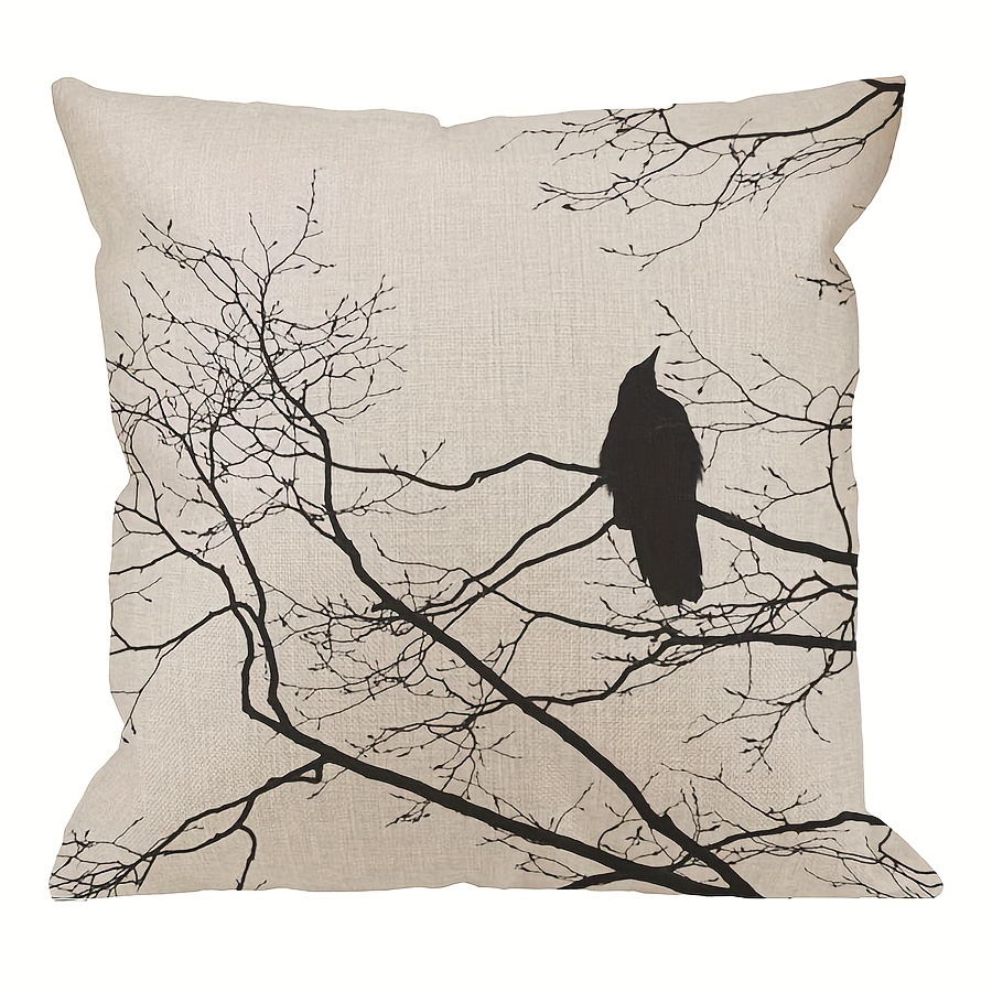 

Gothic Crow On Tree Branch Linen Pillowcase - Modern Black & White Decorative Cushion Cover For Sofa And Outdoor, Zip Closure, Machine Washable - 16x16/18x18/20x20 Inches (pillow Not Included)
