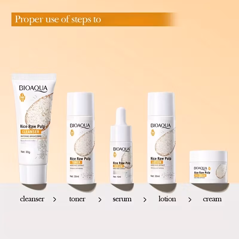 rice fermentation travel five piece gift set cleansing moisturizing skincare gift box cleansing milk toner lotion essence and cream portable skincare travel kit lightweight and easy to carry leaves light beige looking details 0