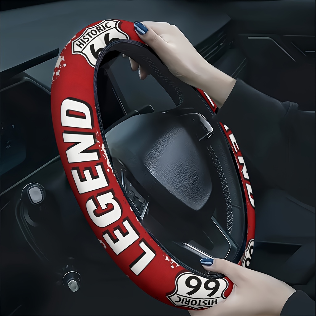 TEMU 1pc Car Steering Wheel Cover With Vintage Highway Legend Logo Metal Plate Themed 2d Print, Washable And Easy To Clean, Install, Comfortable To