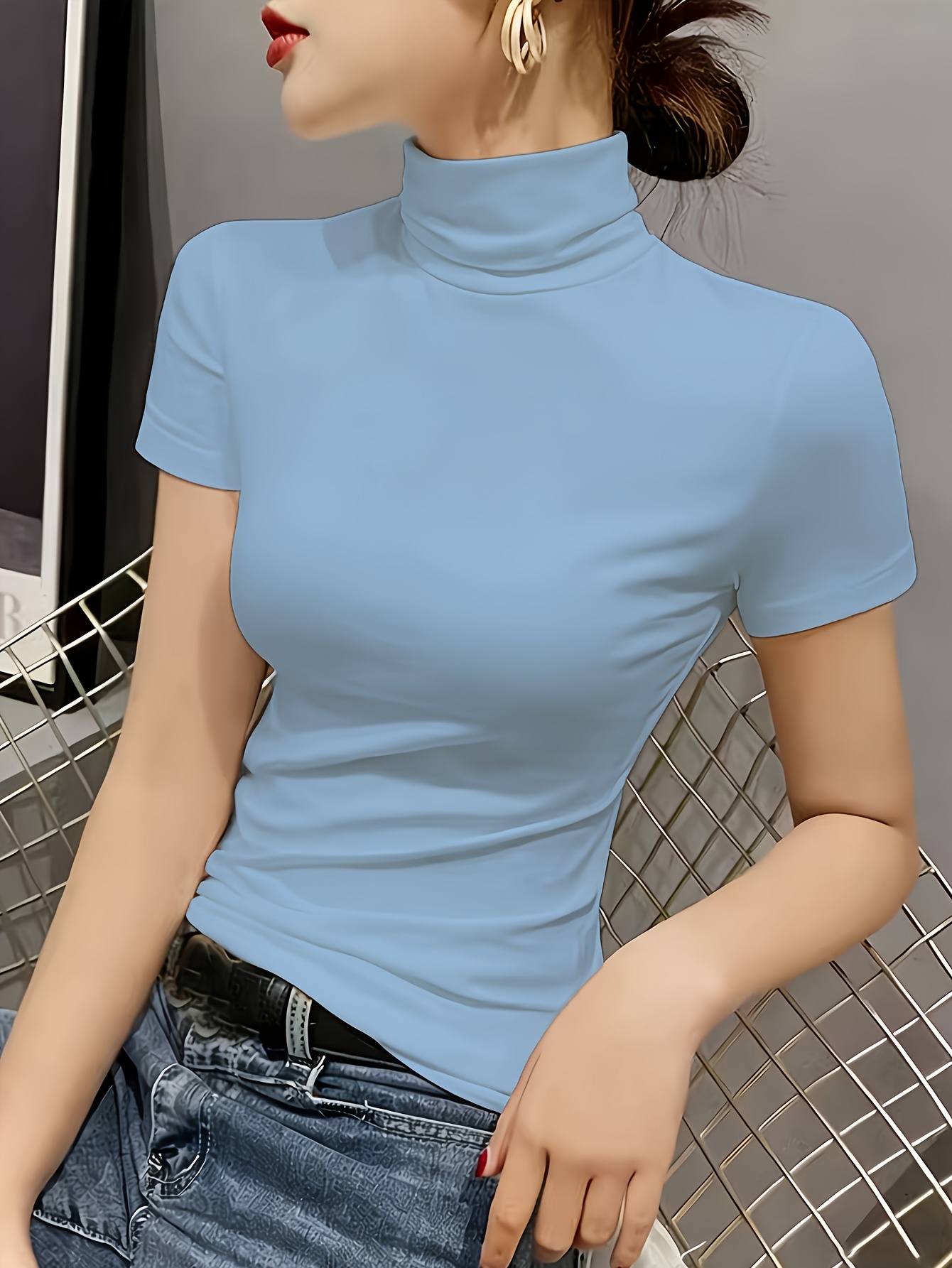 imagen del artículo camiseta de manga corta y cuello   para mujer, corte ajustado y con  ,   y elegante, cómoda,   y transpirable, material   elasticidad, lavable a máquina, camiseta base   para   y verano