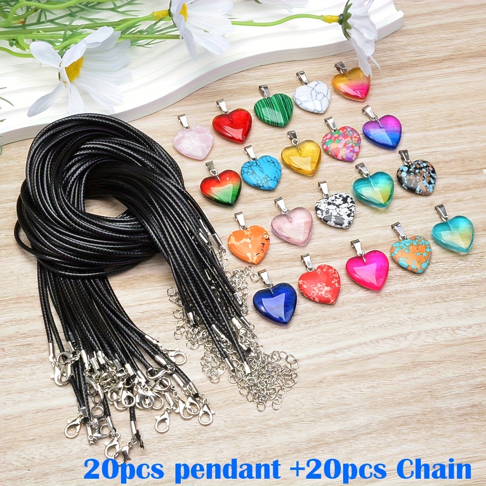 Image of 20pcs/set Boho Fashion Heart Pendant Necklace, Mixed Color Chakra Heart Artificial Stone & Natural Stone Mix Pendant Necklace, Suitable For Daily
