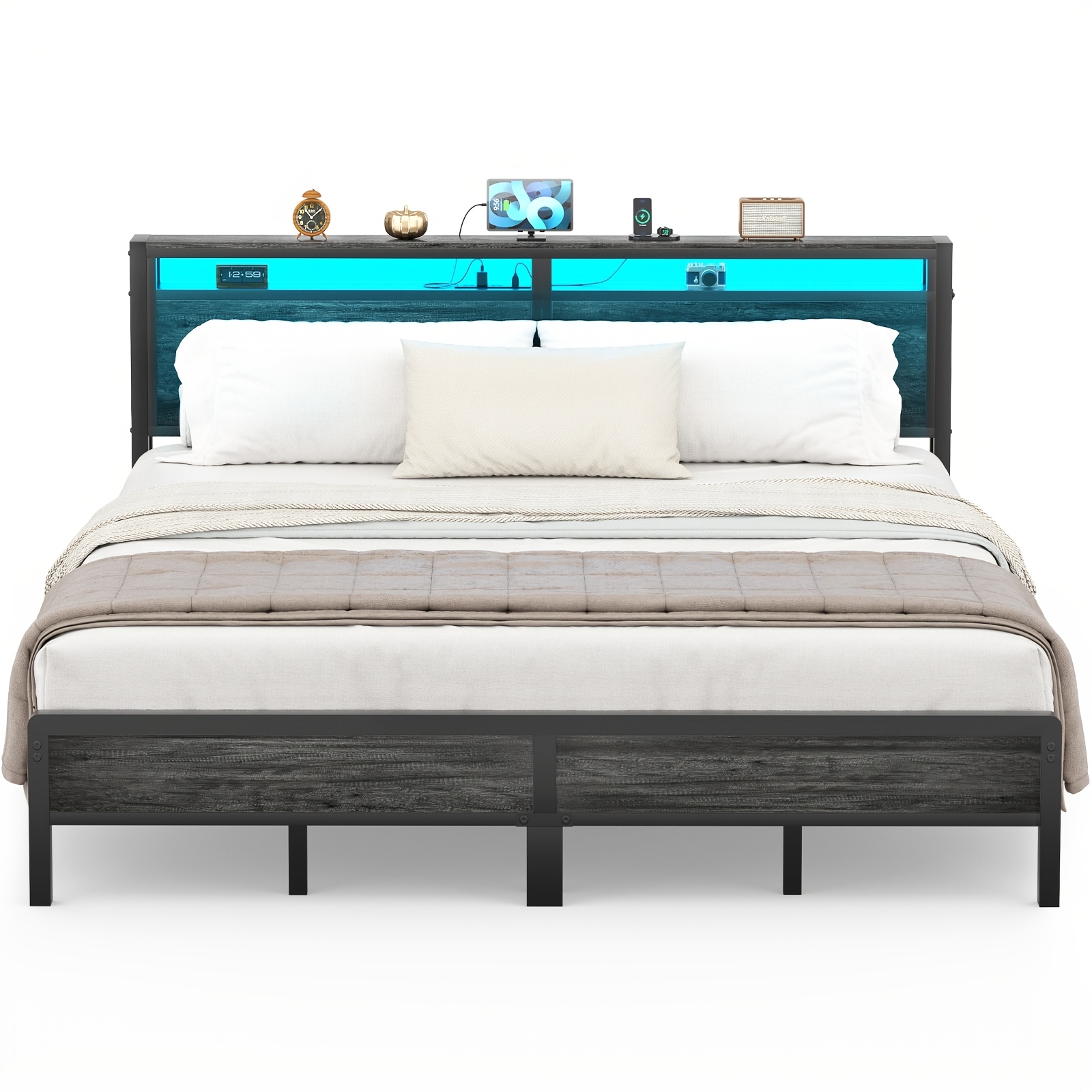 Qwatto Full Size Storage Bed Frame with 2 Drawers Charging Station LED Lights Upholstered Headboard Platform Bed No Box Spring Needed Bedroom